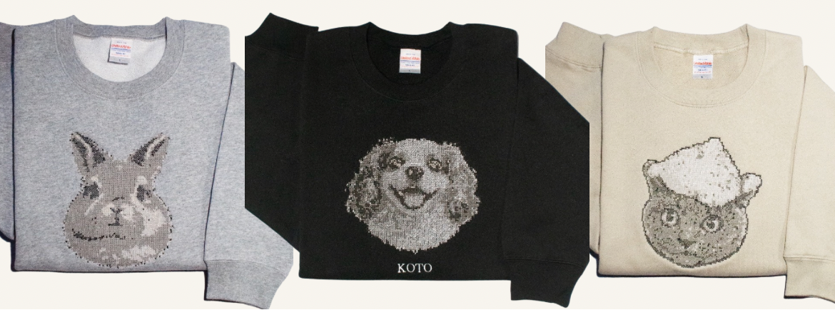 モノクロドット刺繍スウェットの制作例（ペット刺繍・3カラー）